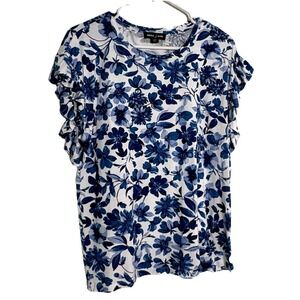 Nautica Jeans Co. floral-print ruffle-sleeve top L Blue & Wh Versatile Flirty